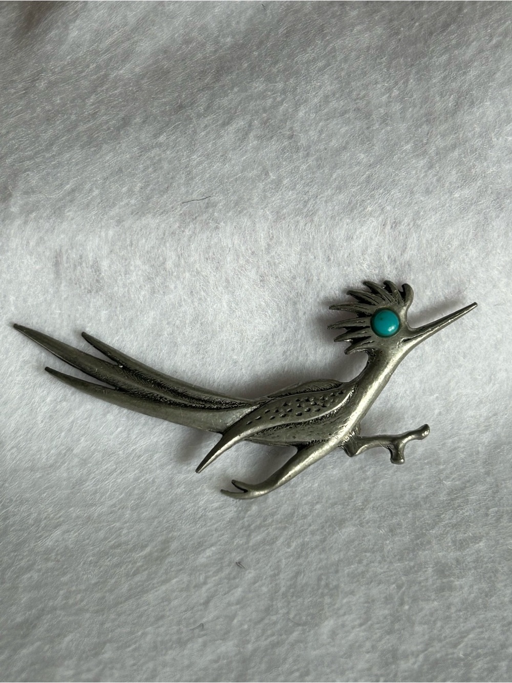 Pewter Roadrunner Brooch with Turquoise Accent